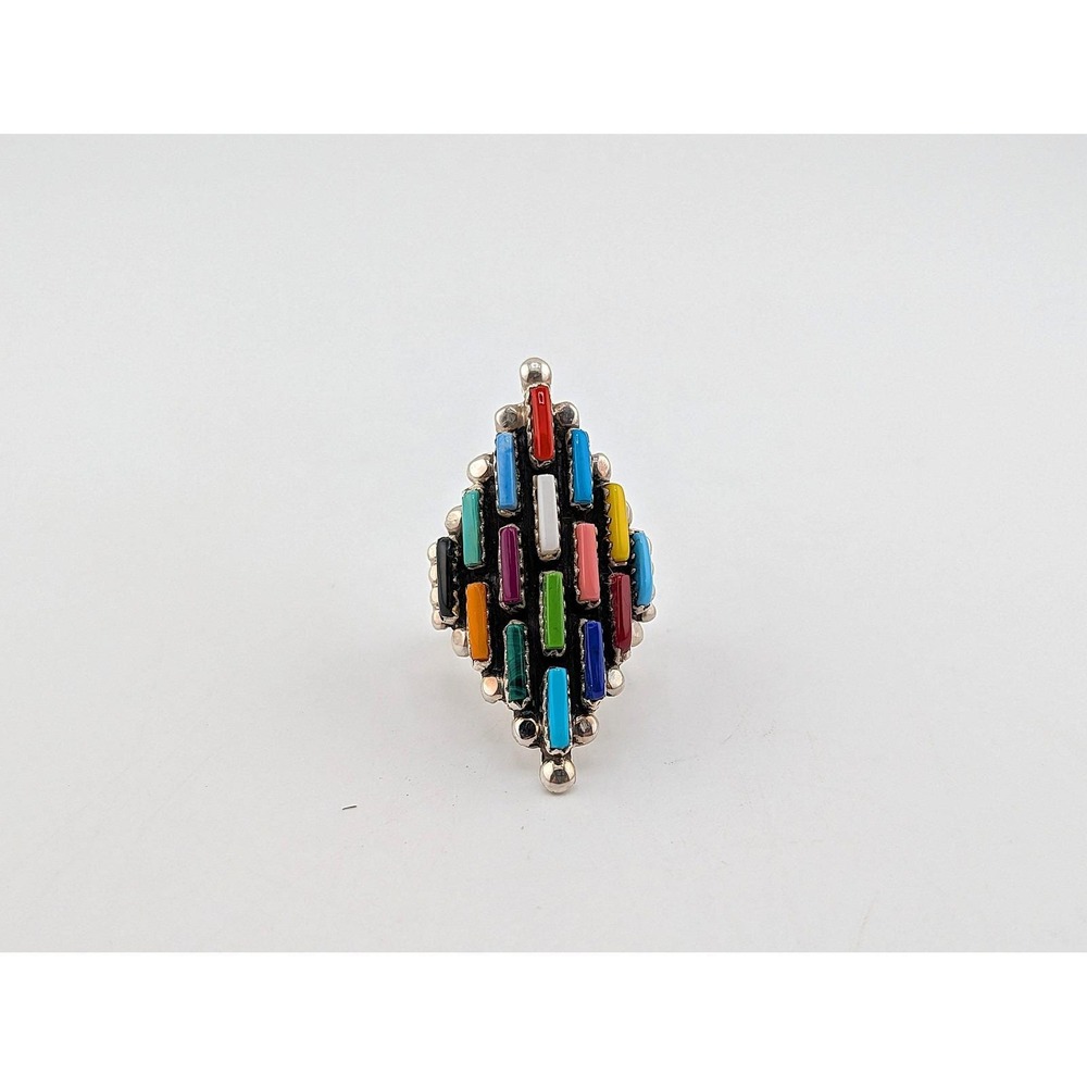 Navajo Turquoise Cluster Ring - Signed S Shorty Sz 7.25US Handmade Native ** - Picture 5 of 8